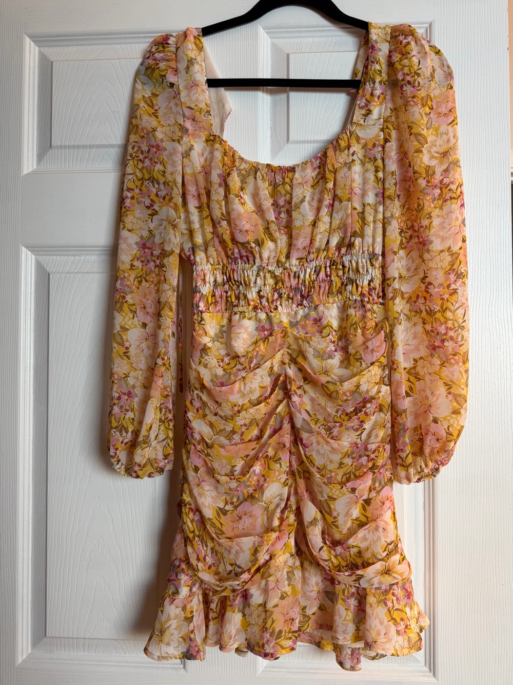 ASTR The Label Floral Pink and Yellow Puff-Sleeve Dress